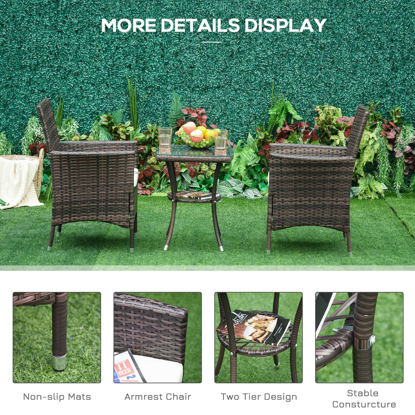 3 Pcs Rattan Bistro Set: 1 x Table, 2 x Chairs-Brown