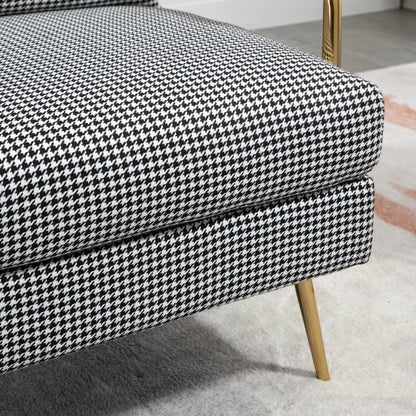 Modern Accent Chair Linen Fabric Armchair with Houndstooth Pattern Gold Steel Legs for Living Room and Bedroom