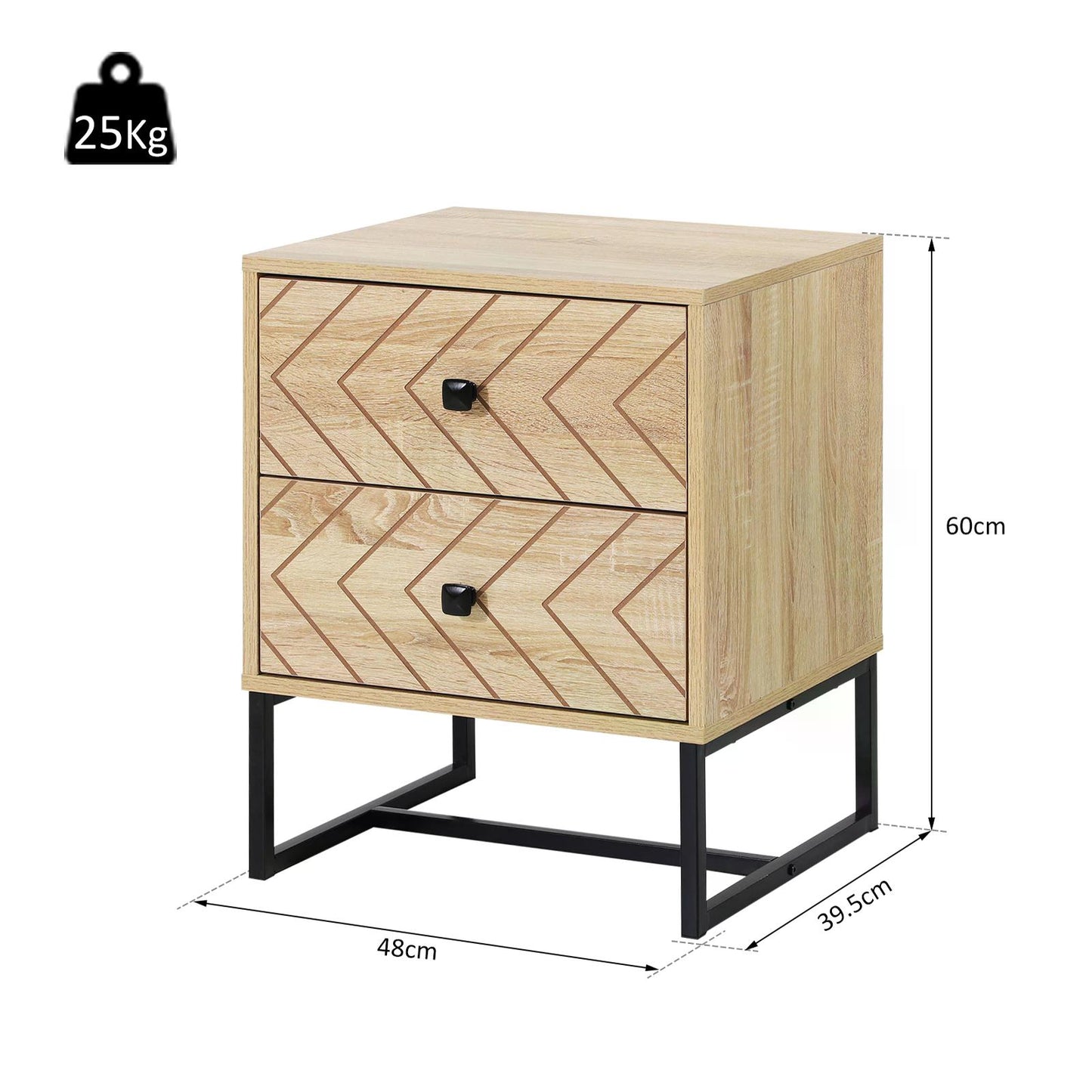 Wooden Nightstand, w/ Black Metal Handles Melamine Finish