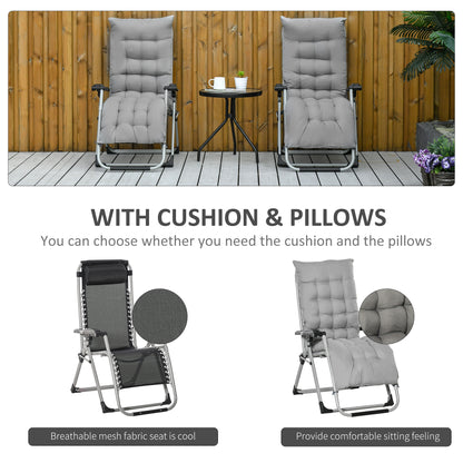 2 Piece Reclining Zero Gravity Chair Folding Garden Sun Lounger with Cushion Headrest Light Grey