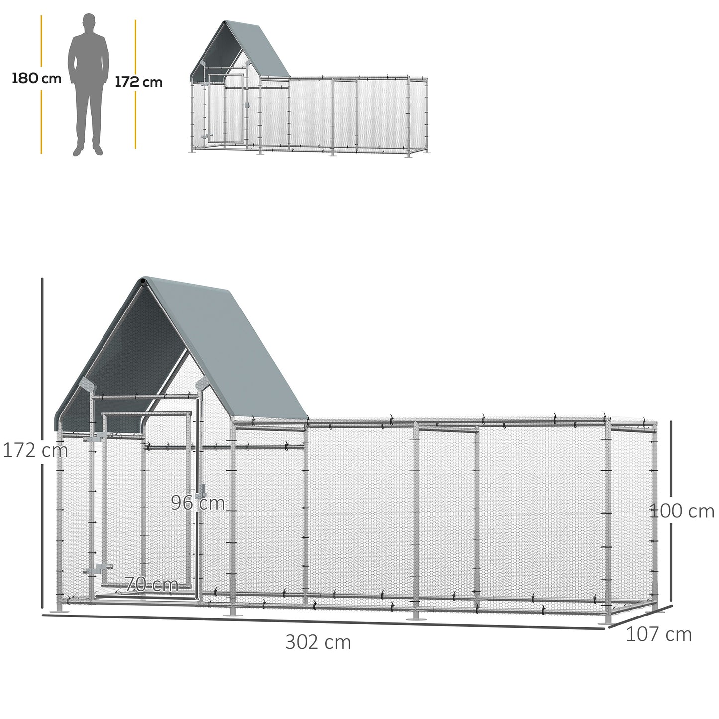 Walk In Chicken Run Large Galvanized Chicken Coop Hen House Poultry Coops Cages Rabbit Hutch Metal Enclosure 302 x 107 x 172cm