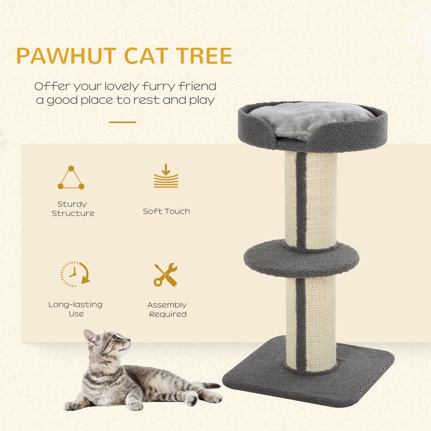 81cm Cat Tree Cat Tower Scratching Post Climbing Tree w/Removable Cushion for Kitten Activity Center Grey