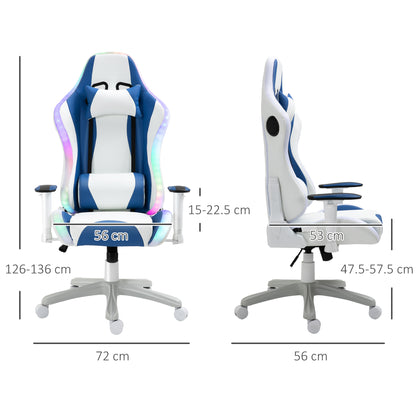 Blue Gaming Chair, with Led Light, Bluetooth Speakers Music Video Game Chair Pu Leather With Removable Pillows