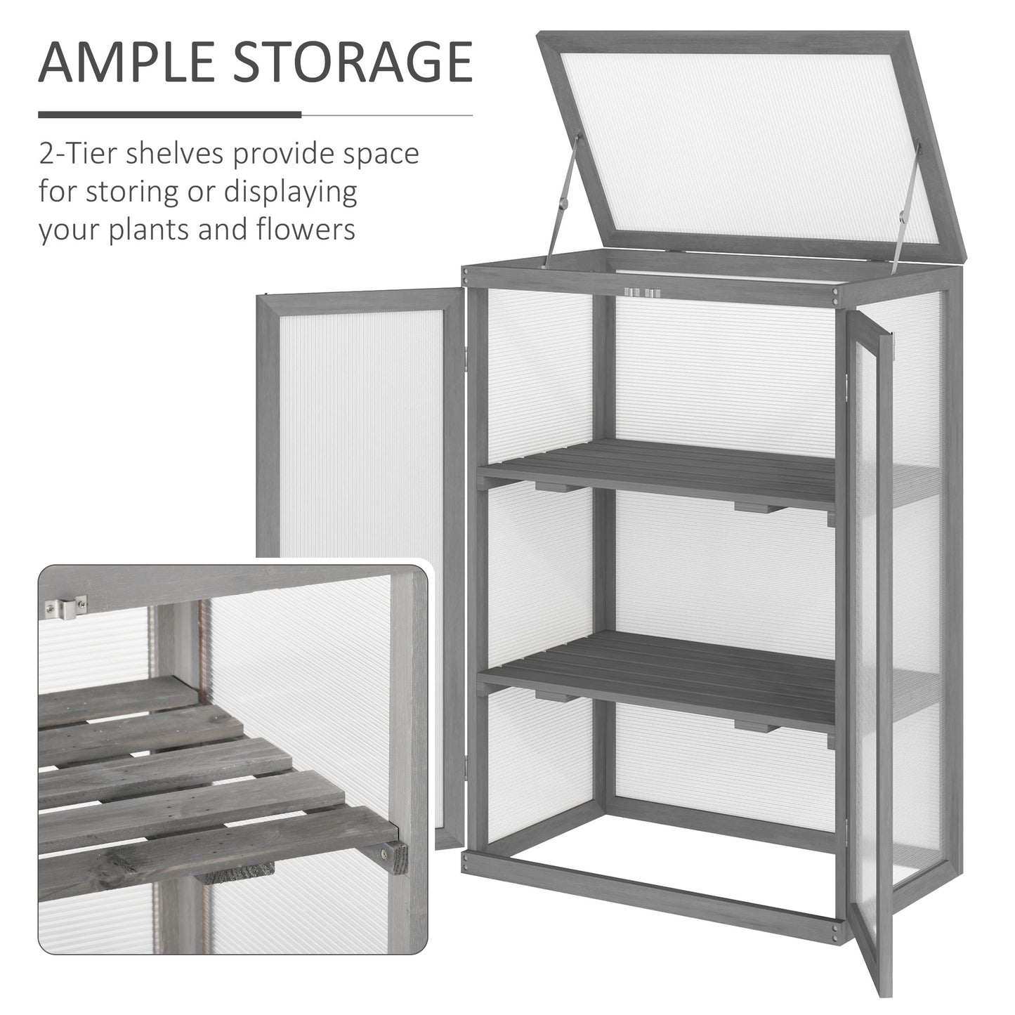 3-Tier Wooden Cold Frame Greenhouse Garden Polycarbonate Grow House w/ Adjustable Storage Shelf, 76 x 47 x 110 cm, Dark Grey