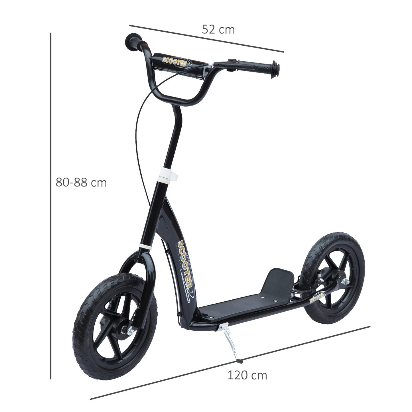 Bicycle Scooter, Kick Scooter for Kids, Big Wheel, Ride On Adjustable Height  Safety Braking 12" EVA Tyres, Black