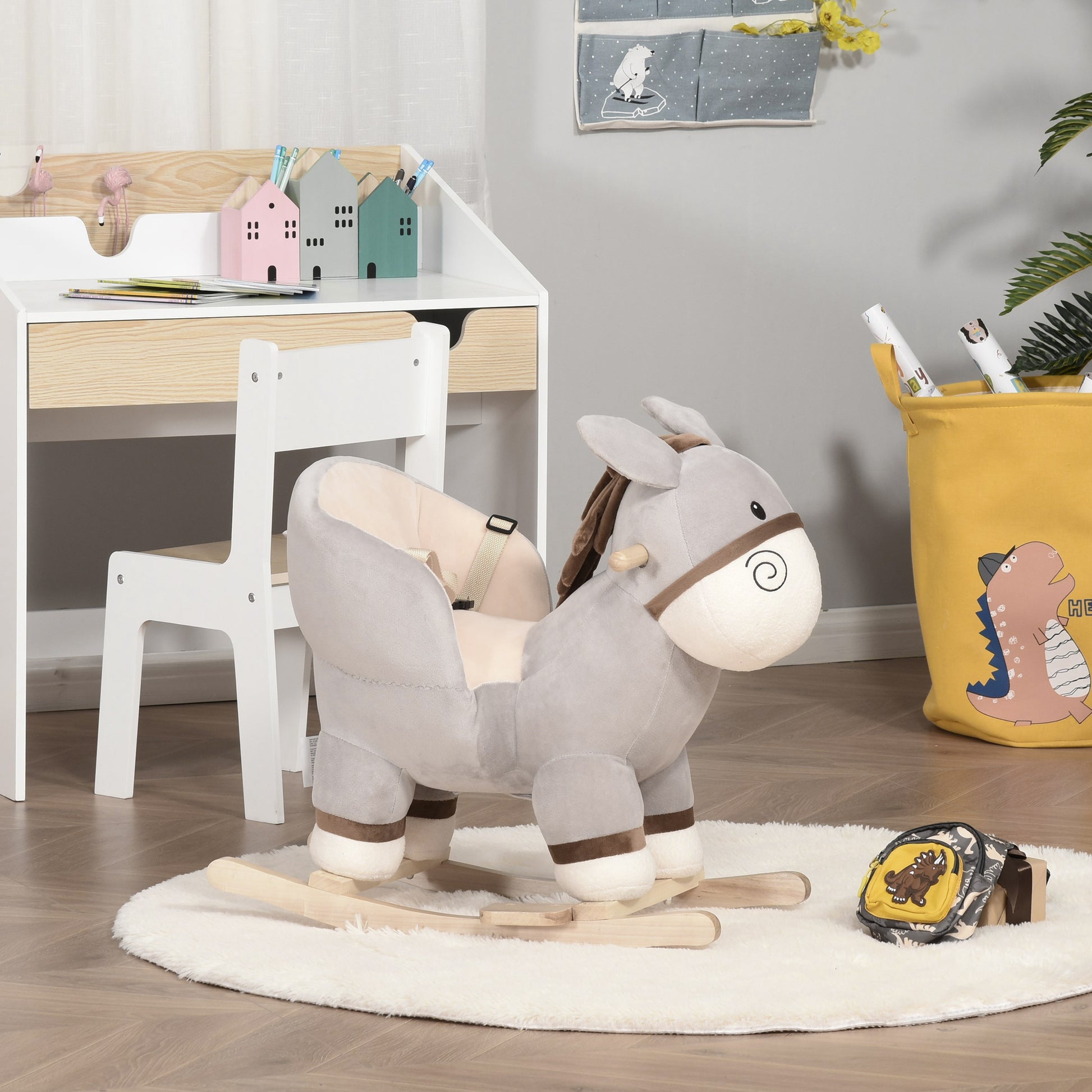 HOMCOM Toddlers Donkey Plush Rocking Ride On w/ Sound Grey 