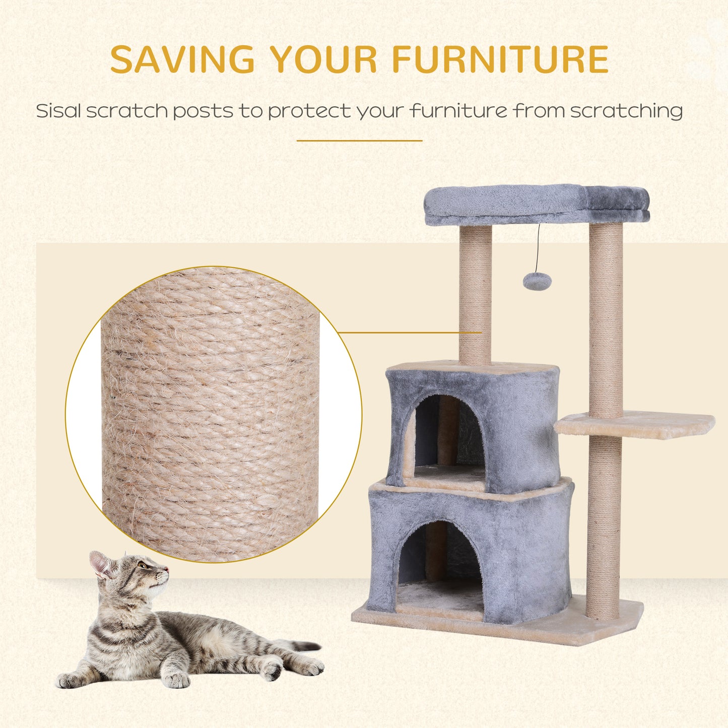 Cat Cave, 92cm Cat Tree Cat Tower, for Kitten, w/ Scratching Post, Cat Bed, Perch, Grey