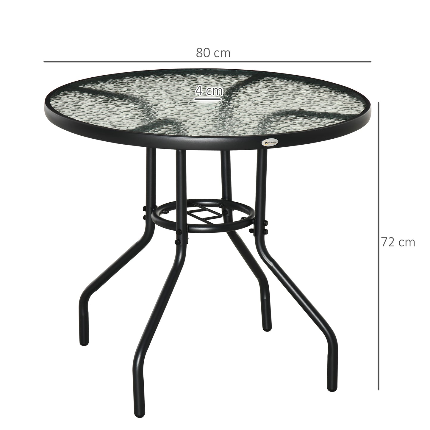 Round Outdoor Dining Table, Tempered Glass Top Steel W/Parasol Hole, D80x72Hcm-Black