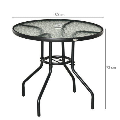 Round Outdoor Dining Table, Tempered Glass Top Steel W/Parasol Hole, D80x72Hcm-Black