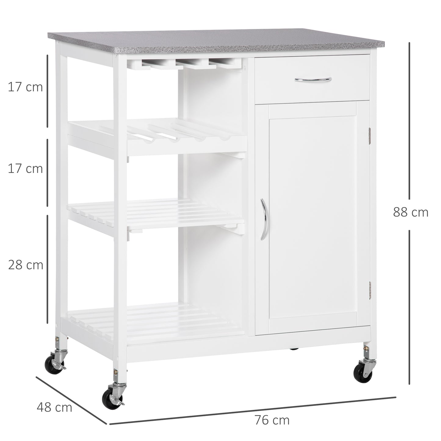 Kitchen Storage Trolley, on Wheels with Wine Rack, Drawer, Open Shelf and Storage Cabinet for Dining Room, White