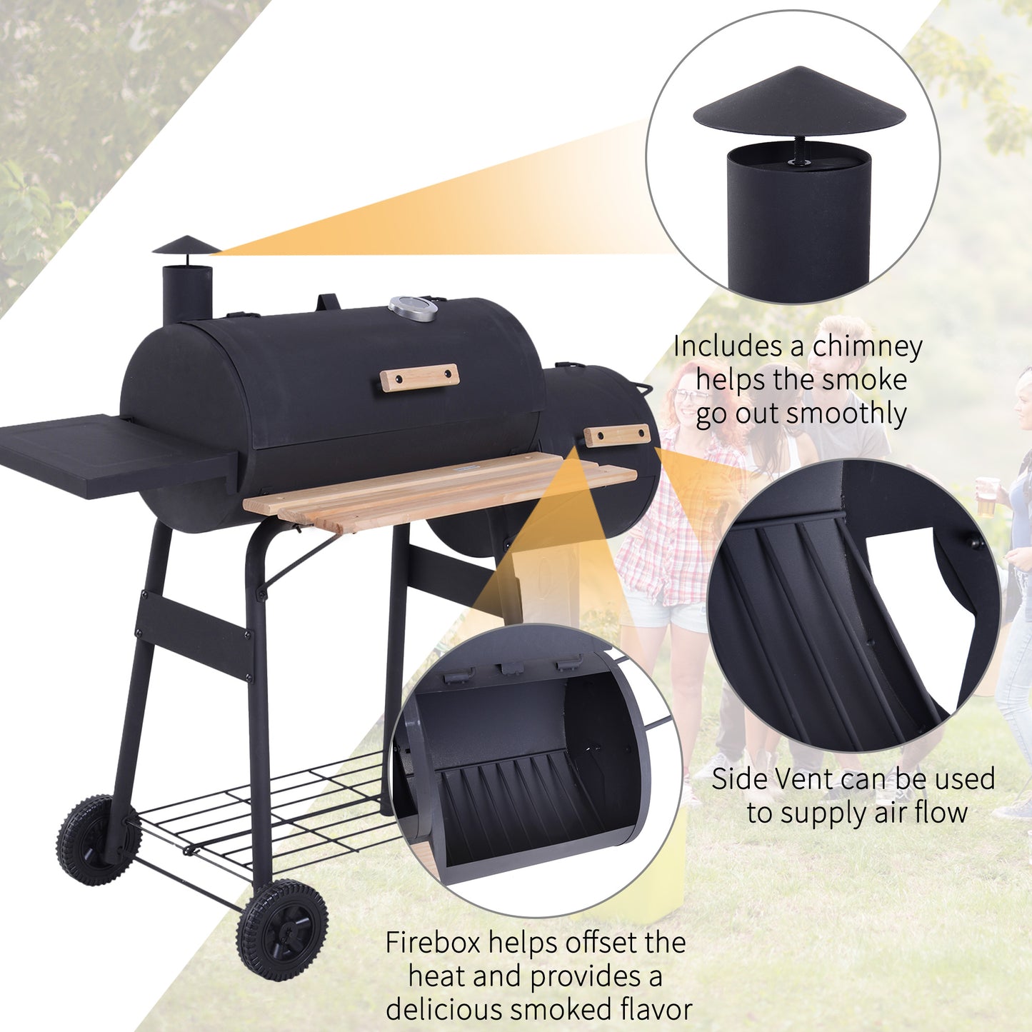 Portable Charcoal BBQ Grill, Cold-rolled Steel, Solid Wood, 124Lx53Wx108H cm-Black