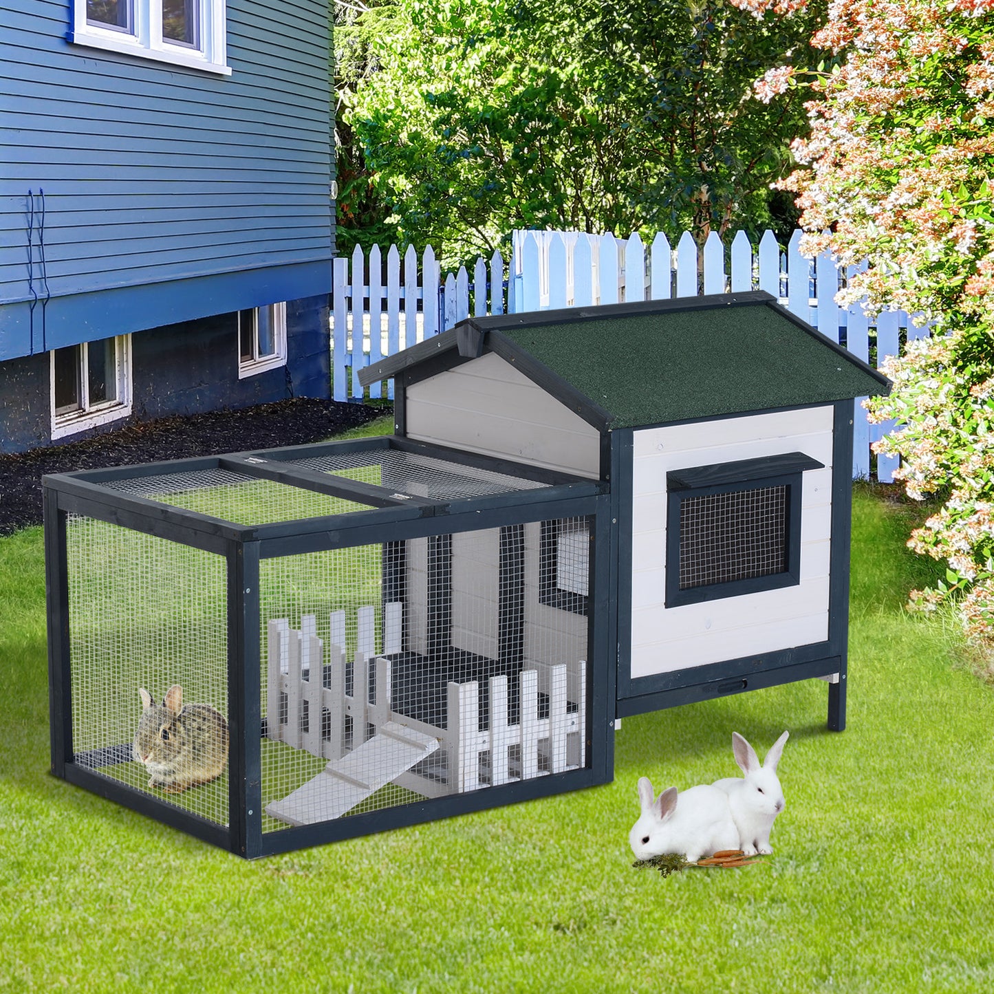 Pawhut Fir Wood Rabbit/Hen Hutch W/ Running Front Yard-Green/White