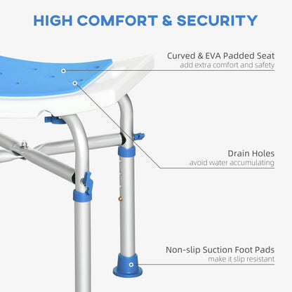 Bath Stool for Seniors, Adjustable Padded Shower Stool with Built-in Handle Non-slip Suction Foot Pads Blue