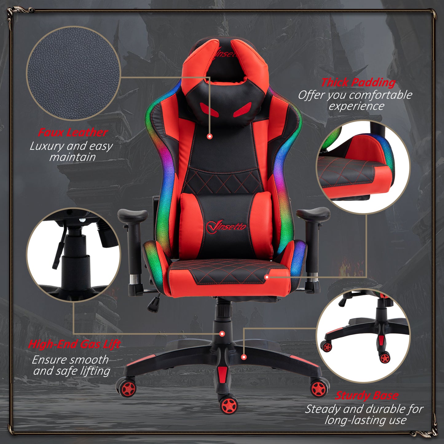 Reclining Gaming Chair with LED Lights, Ergonomic, Lumbar Support, Adjustable Armrest,