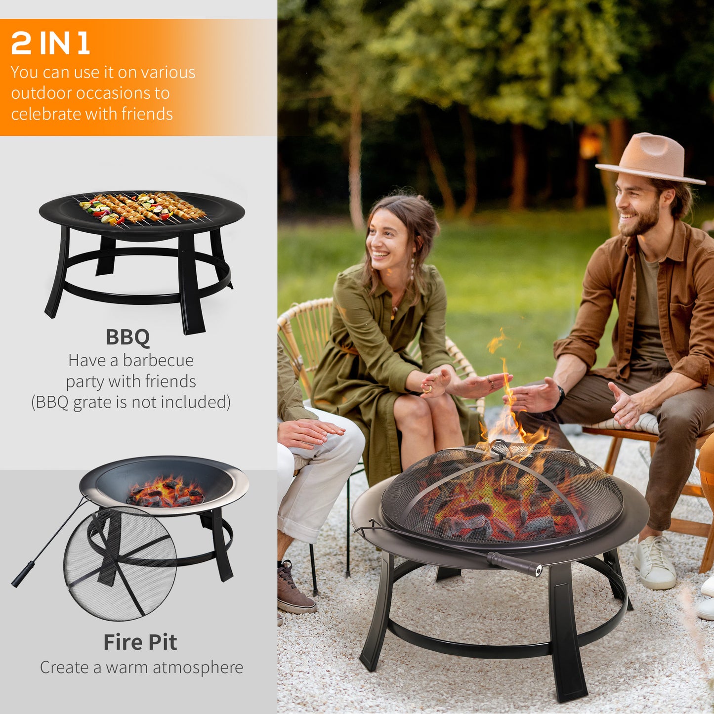 Metal Large Firepit Bowl Outdoor Round Fire Pit w/ Lid, Log Grate, Poker for Backyard, Camping, BBQ, Wood Burning Stove, Black