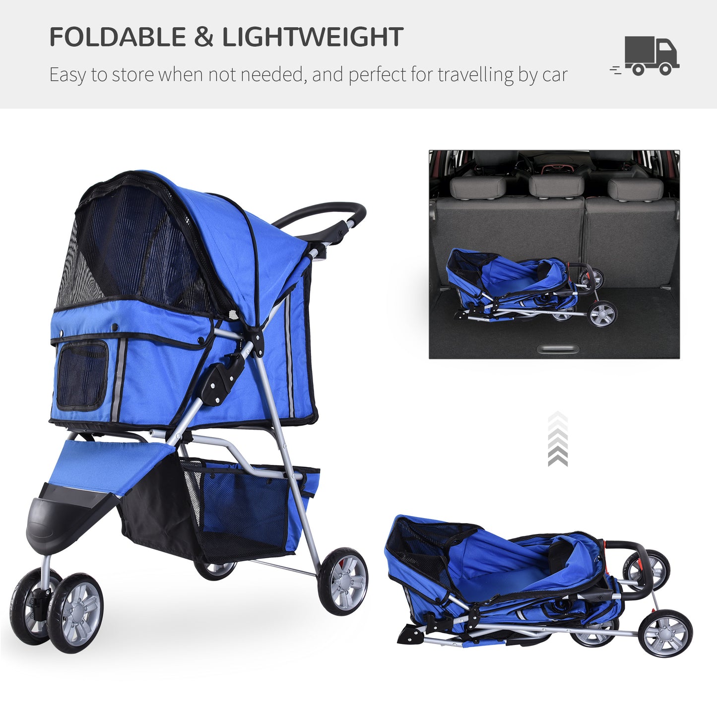 Cat Stroller Pram  Pushchair, Foldable, W/Three Wheels-Blue