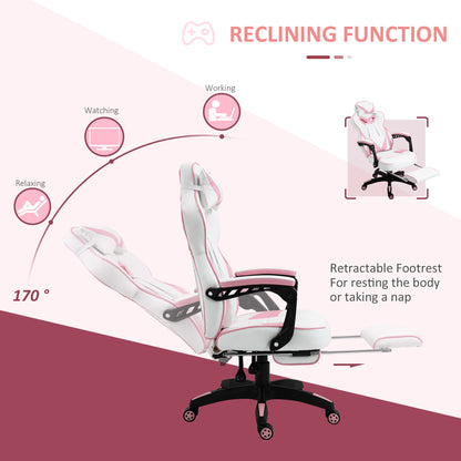 Pink Gaming Chair with Footrest, Office Desk Chair Adjustable Height Recliner w/Wheels, Headrest, Lumbar Support