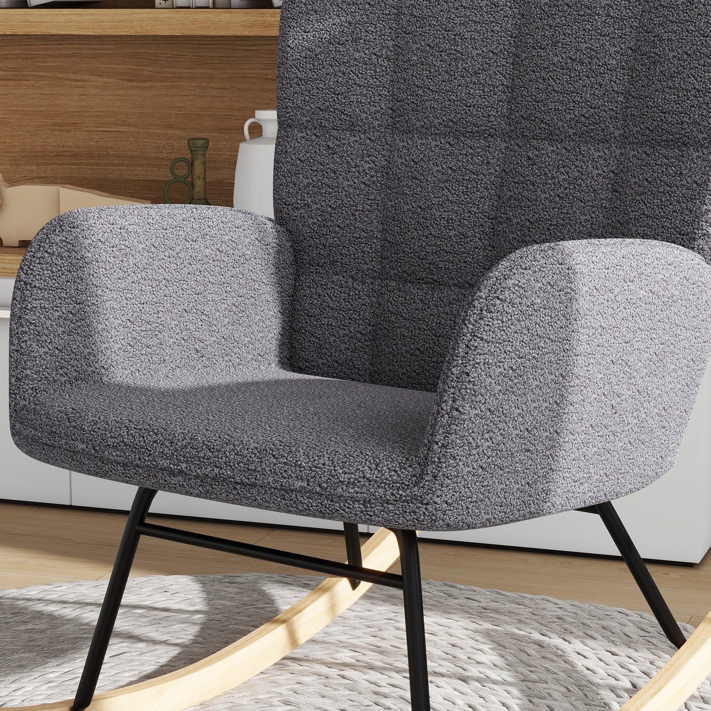 Boucle Rocking Chair, Berber Fleece Nursery Glider Rocker, Modern Armchair for Living Room, Dark Grey