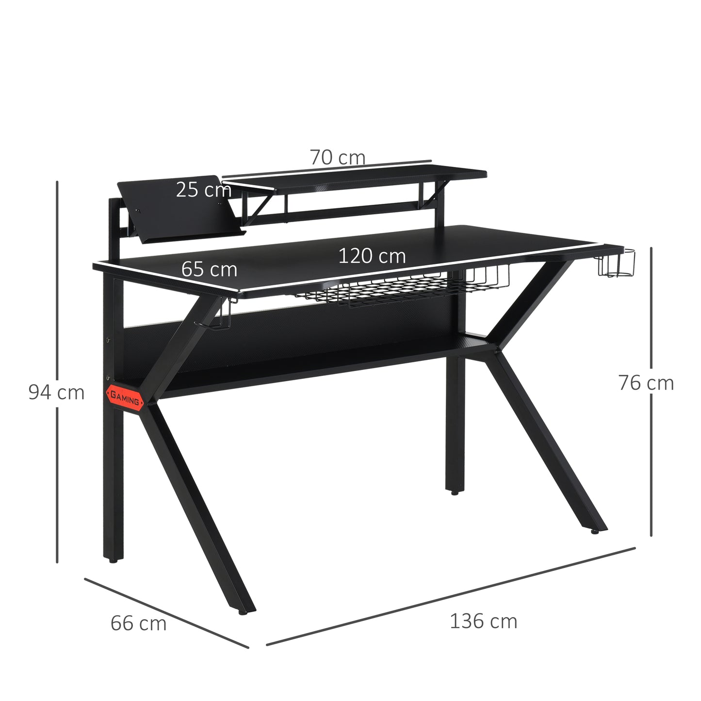 Black Gaming Desk, Metal Frame w/Cup Holder Headphone Hook & Cable Basket Black