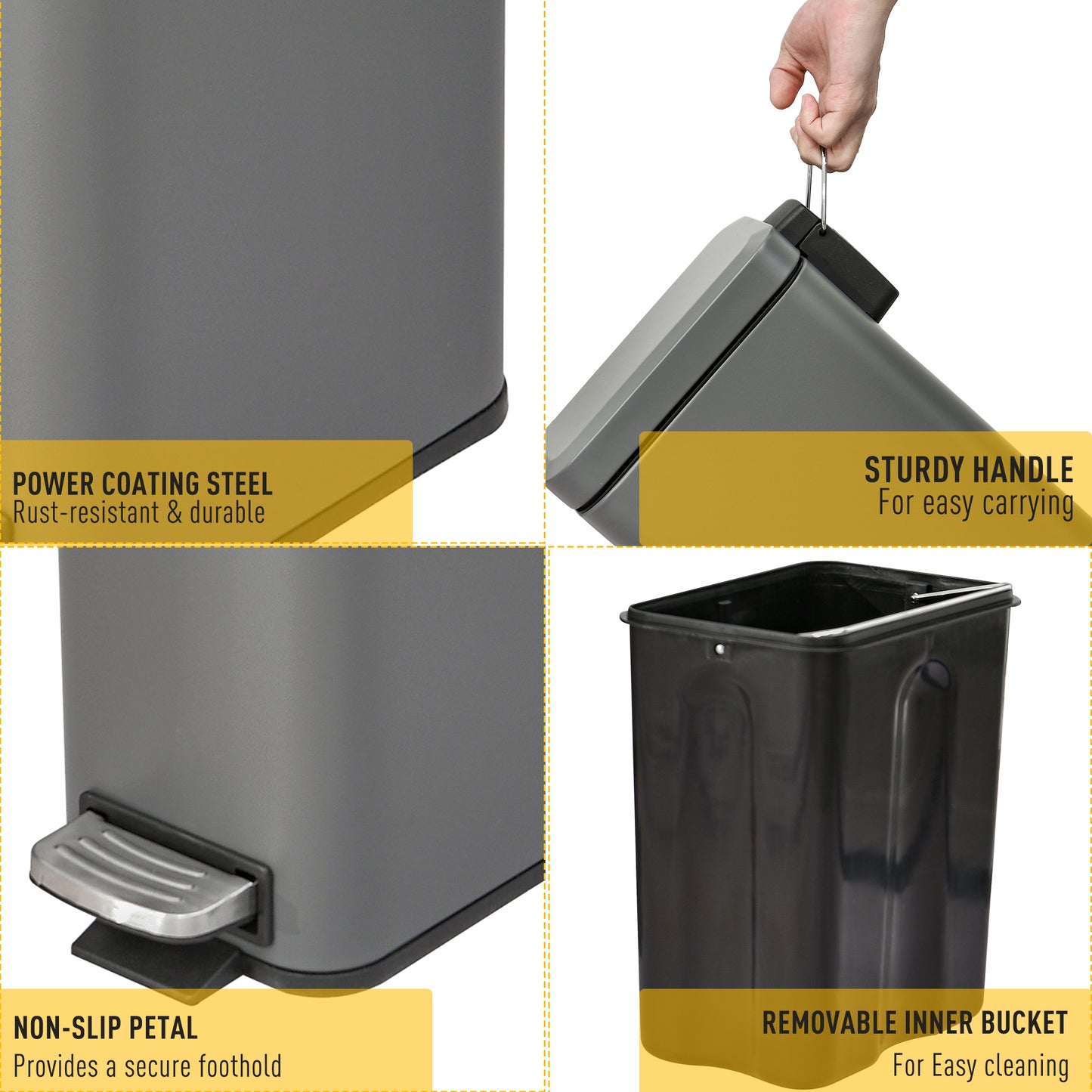 5L Pedal Bin, Bathroom Bin Small, Steel, with Quiet-Closed Lid, Silent and Gentle Open, Oversized pedal, Back Pull Ring