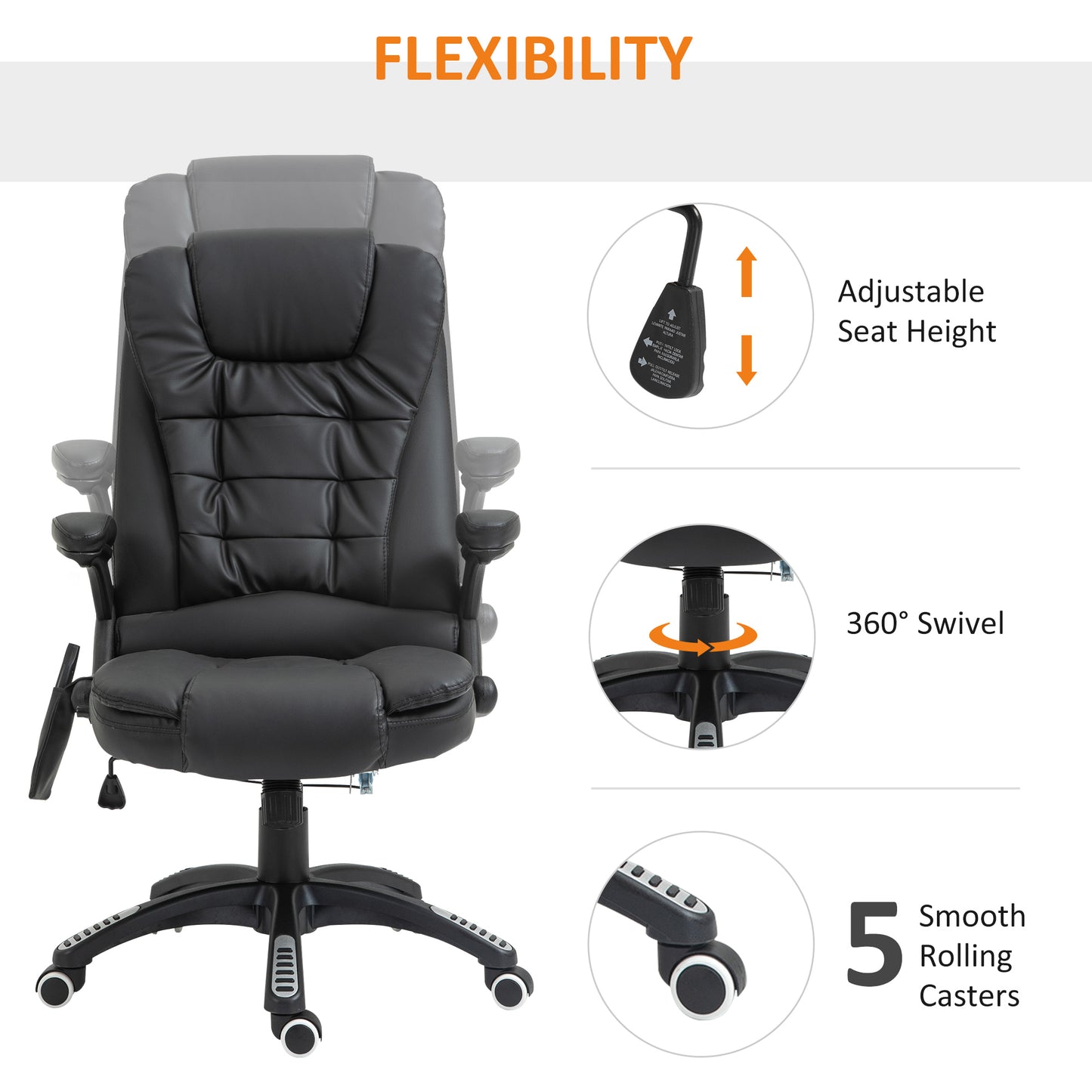 Executive Office Chair with Massage and Heat, High Back PU Leather Massage Office Chair With Tilt and Reclining Function, Black