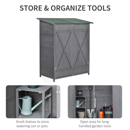 Garden Wood Storage Shed w/ Storage Table, Asphalt Roof, Double Door Lockable Sheds & Outdoor Storage Tool Organizer Grey