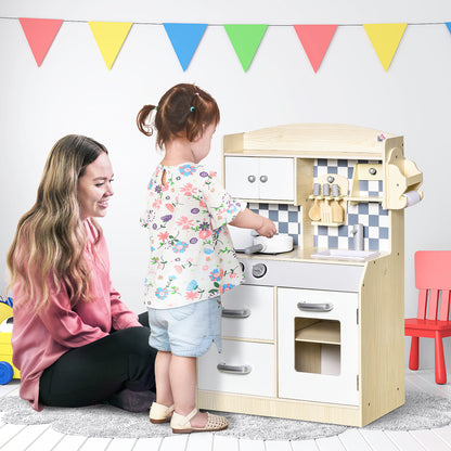 HOMCOM Childrens Toy Kitchen, Natural Wood w/ Multi-Storage 