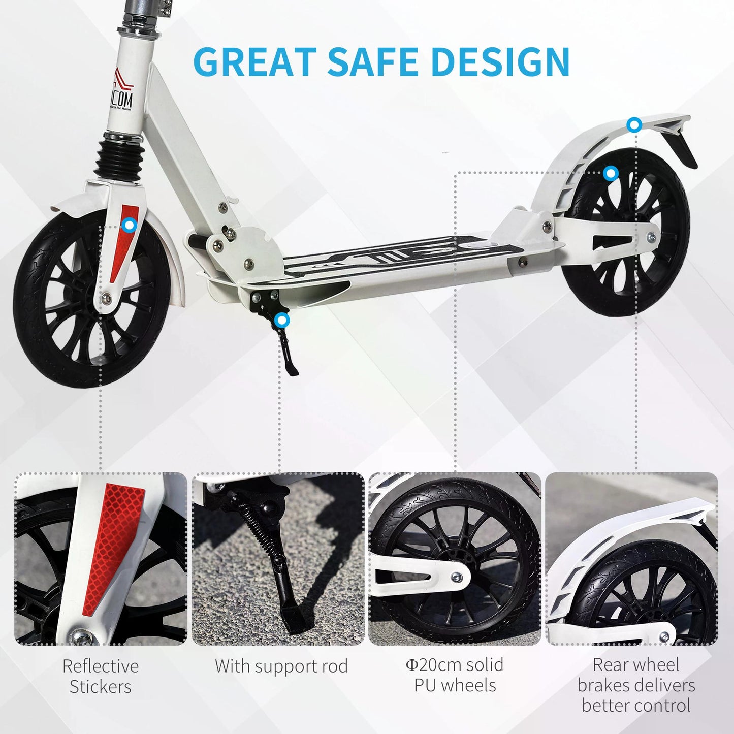 Adult Kick Scooter, Foldable, Height Adjustable 200mm Large Wheels Scooters w/ with Foot Brak and Manual Bell, White