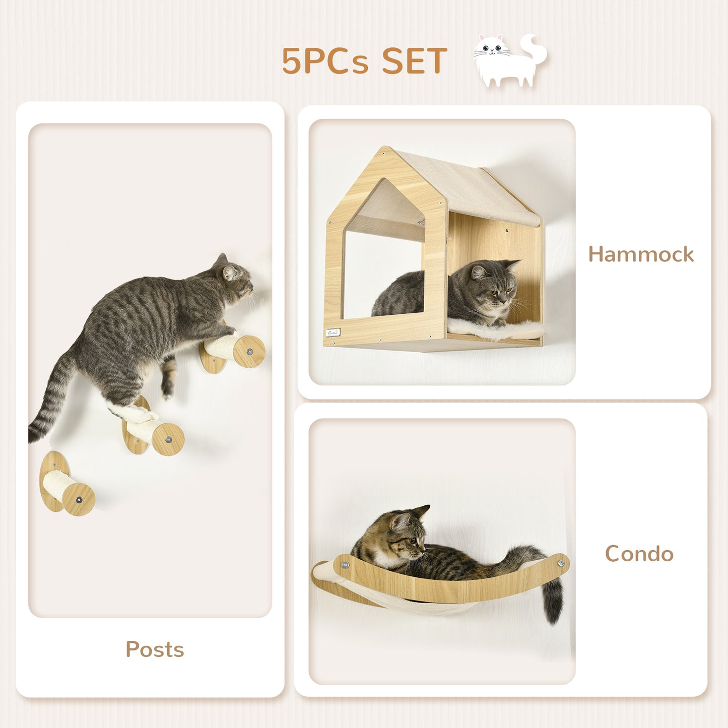 Cat Wall Shelves, with Condo Hammock Scratching Post, Oak