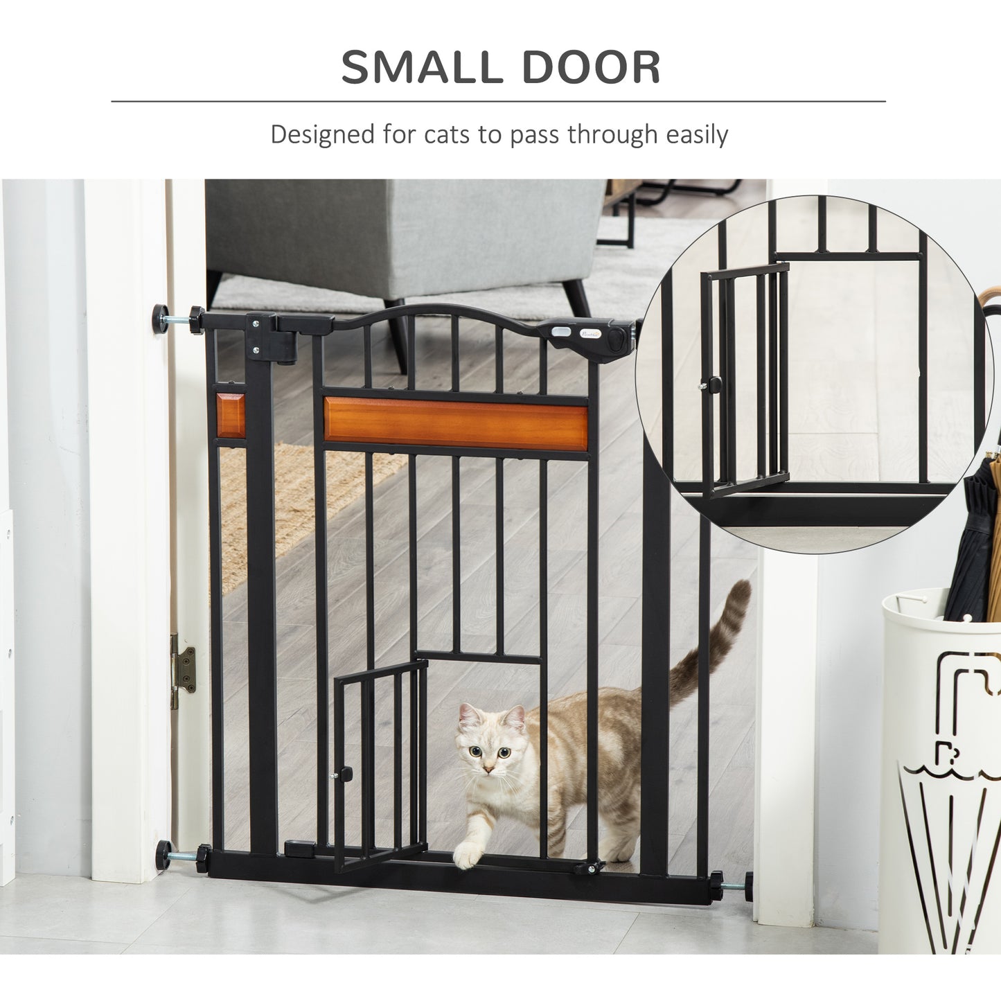 Dog Safety Gate with Cat Door, Auto Close Double Locking Pine Wood Decoration, for Doorways Stairs Indoor, 74-80 cm Wide, Black