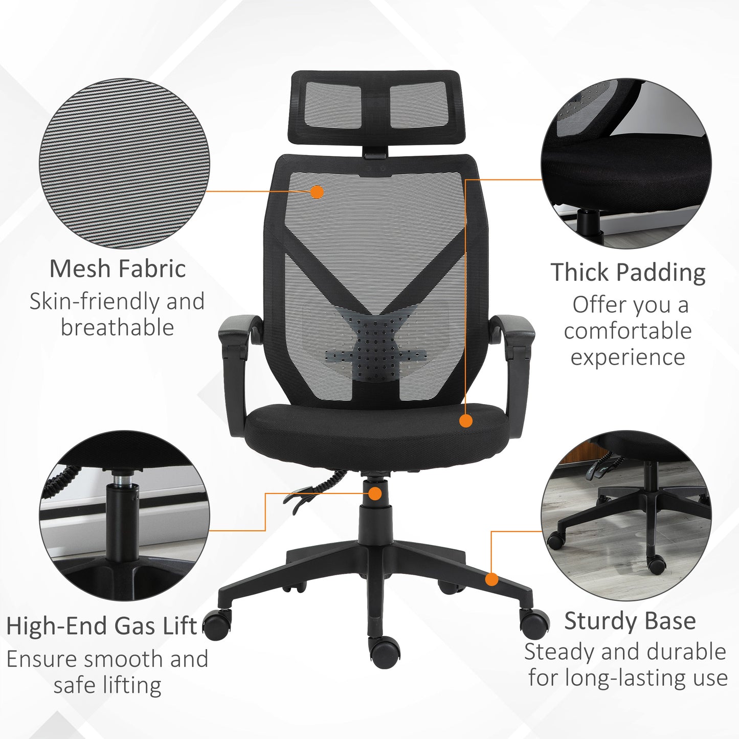 Back Support Chair for Home, Mesh, Ergonomic w/ Removable Headrest 5 Wheels Armrests Support 360° Swivel