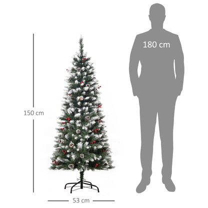 5FT Artificial Christmas Tree Xmas Pencil Tree with Red Berries and Pinecones Holiday Home Indoor Decoration with Foldable Feet