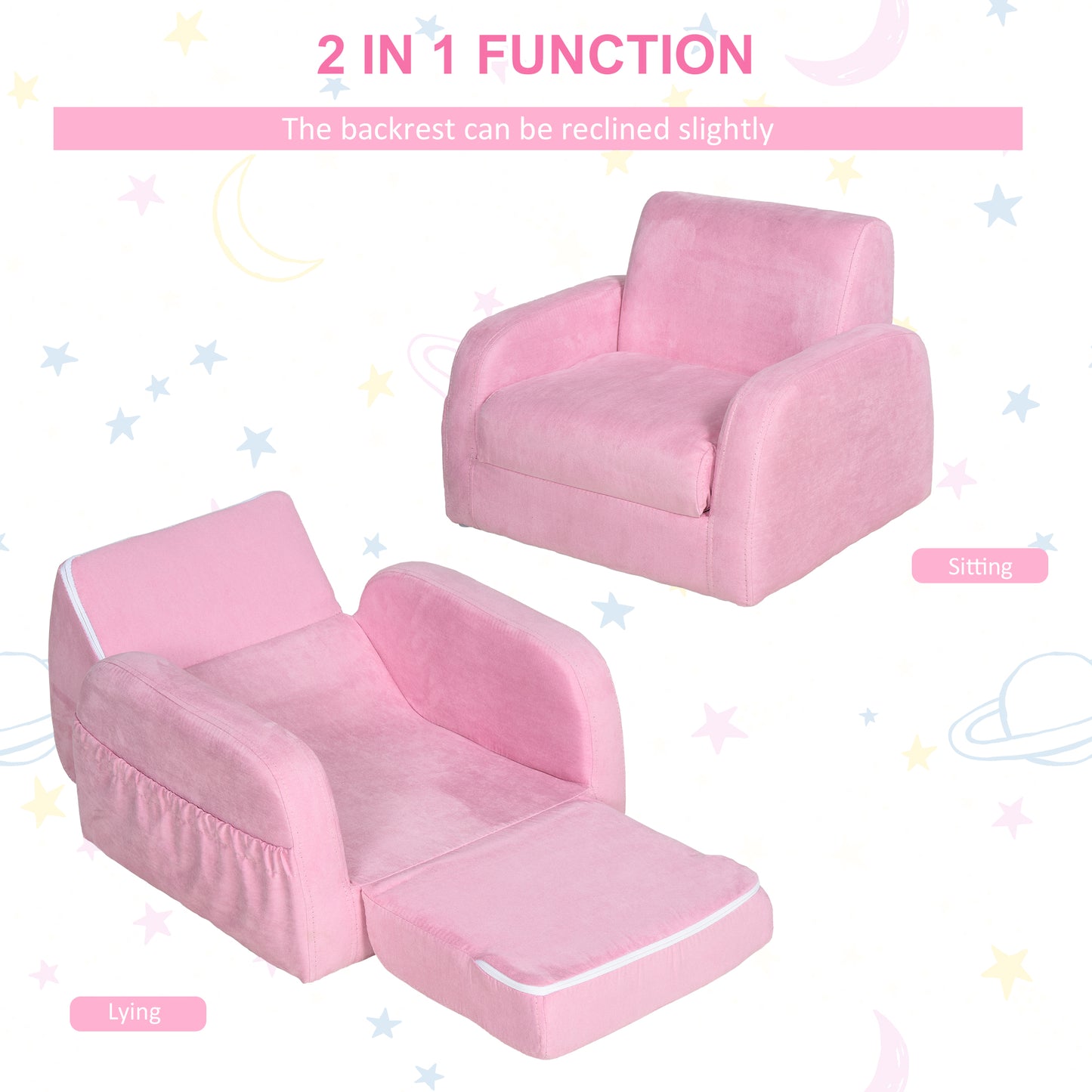 Kids Sofa Children Sofa Multifunctional Durable Flannel Upholstered 2-in-1 Armchair Lounger Anti-Slip Foot Padding - Pink