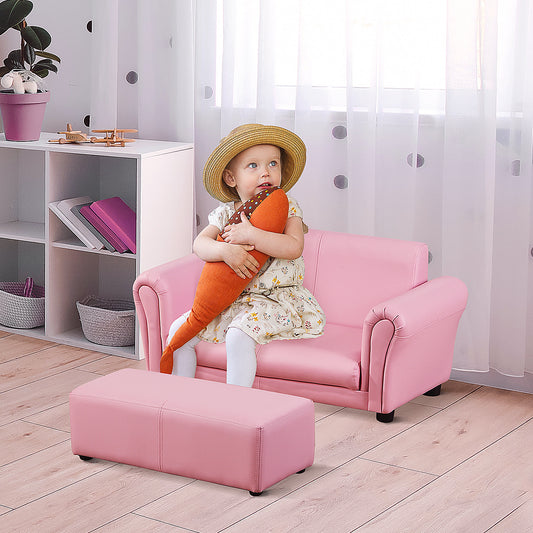 HOMCOM Toddlercouch, 2 Seater Kids Sofa, with Footstool, Arms, Wood Frame, PVC Cover, Pink 