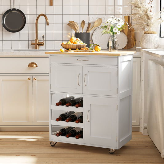 HOMCOM Modern Rolling Kitchen Island Trolley Storage Cart w/ Rubberwood Top Drawer Wine Rack 