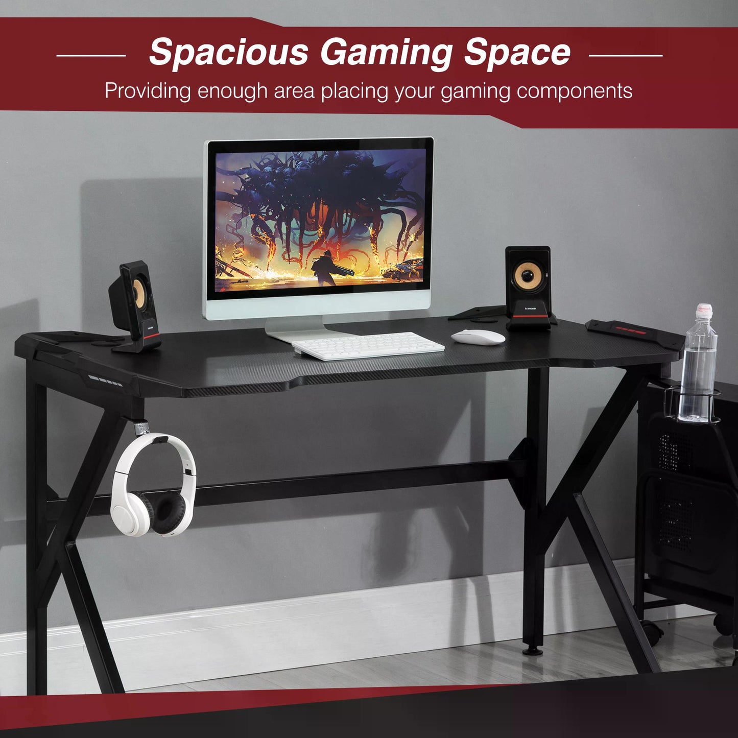 Gaming Desk Computer Writing Home Office Study Table with Cup Holder Headphone Hook and Cable Managment Holes Black