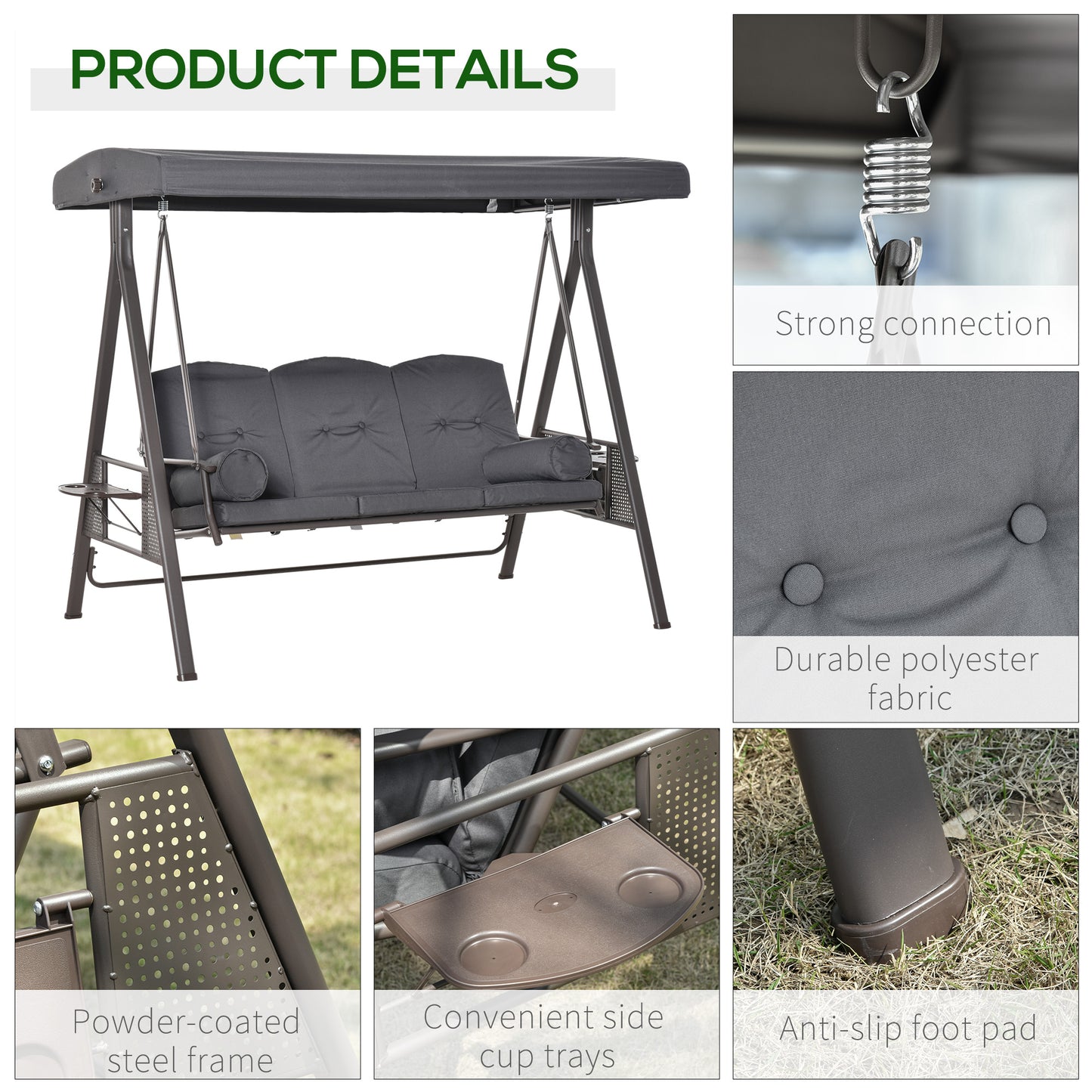 Steel Swing Chair Hammock Garden 3 Seater Canopy w/ Cushions Shelter Outdoor Bench Grey