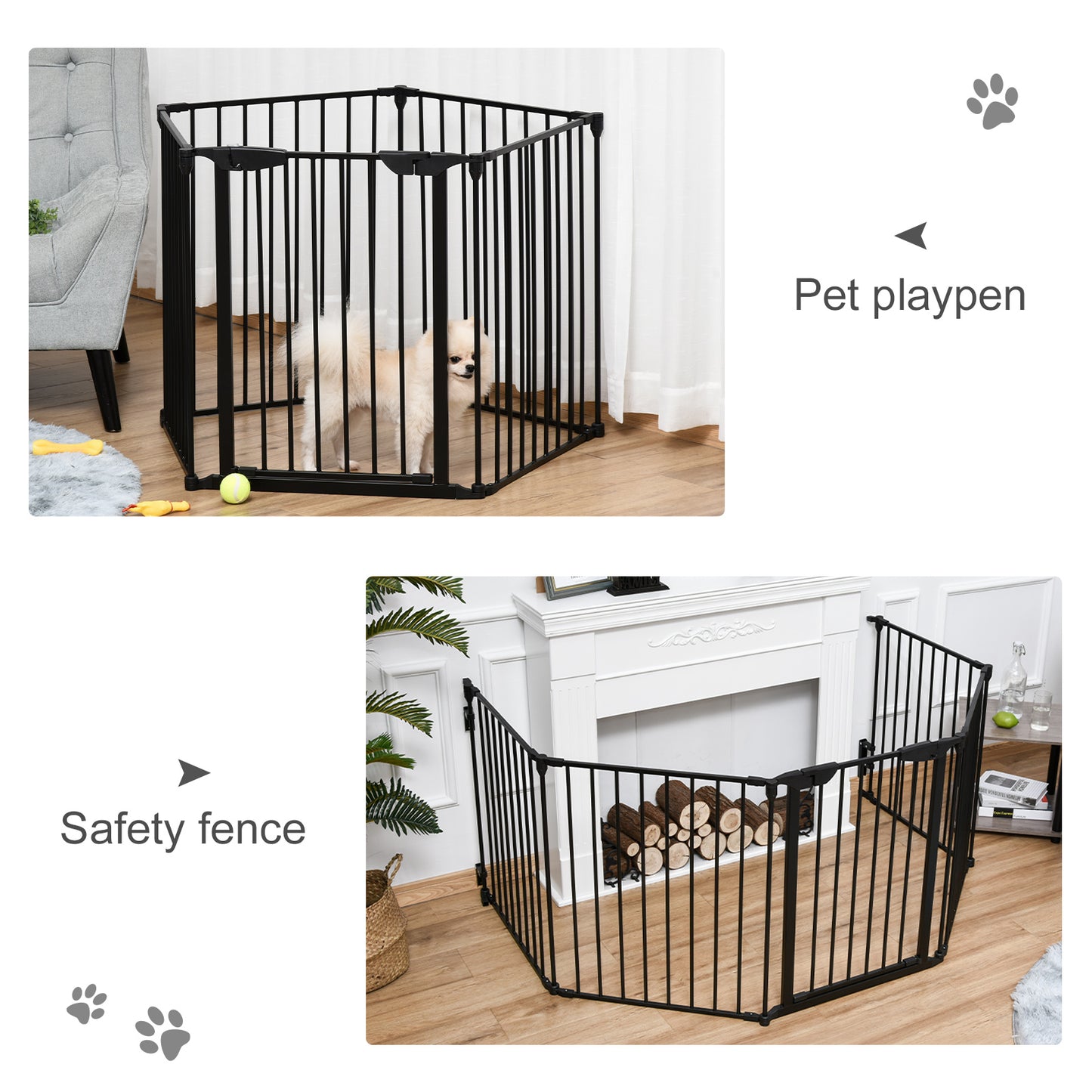 Pet Safety Gate 5-Panel Freestanding Playpen Fireplace Christmas Tree Metal Fence Stair Barrier Room Divider Black