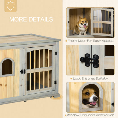 Wooden Dog Crate, Furniture Style Dog Kennel End Table w/ Lockable Door, Window, for Small, Medium Dogs, Grey and Natural