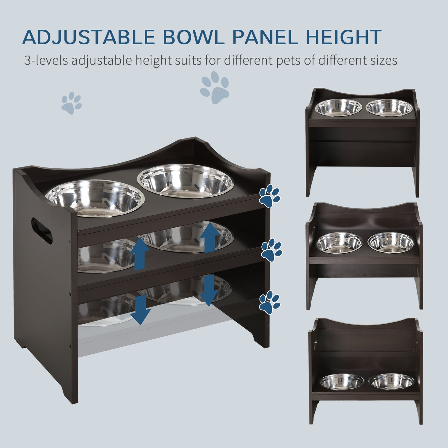 Elevated Duo Pet Feeder w/ 2 Stainless Steel Bowls MDF Frame Adjustable Shelf Handles Raised Dog Cat Food Drink 47x54cm Brown