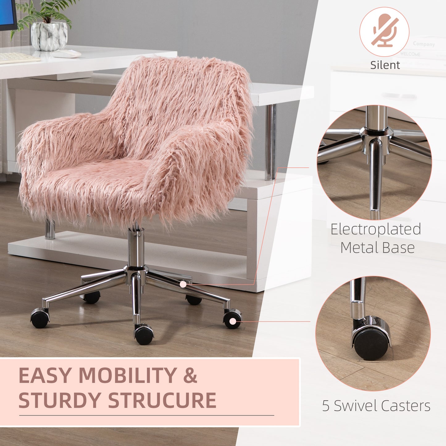 Faux Fur Desk Chair, Swivel Vanity Chair with Adjustable Height and Wheels for Office, Bedroom, Pink