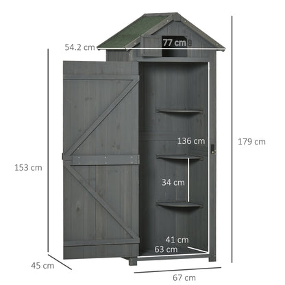 Wooden Garden Shed, Garden Tool Storage, Vertical Utility, 3 Shelves, Lockable, Asphalt Roof, Outdoor, 77 x 54.2 x 179cm Grey