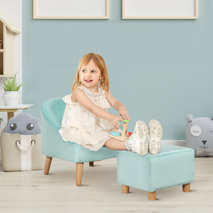 HOMCOM Childrens Armchair, Toddlercouch, with Footrest, Eucalyptus Wood, Dutch Velvet, Blue 