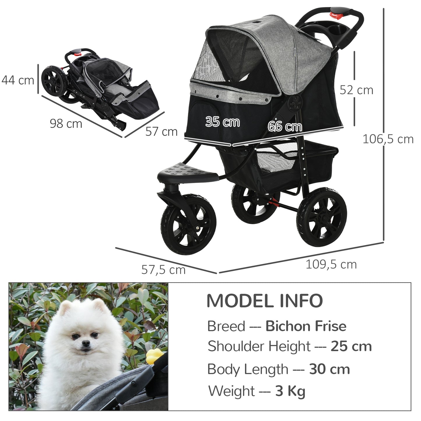 Folding Pet Stroller 3 Wheel Dog Jogger Travel Carrier Adjustable Canopy Storage Brake Mesh Window for Small Medium Dog Cat