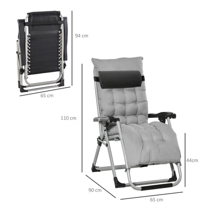 2 Piece Reclining Zero Gravity Chair Folding Garden Sun Lounger with Cushion Headrest Light Grey