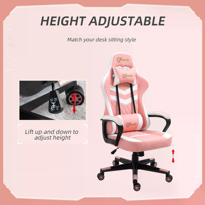 Pink Gaming Chair, Ergonomic with Lumbar Support, Headrest, Swivel Wheel, PVC Leather Gamer Desk Chair for Home Office,