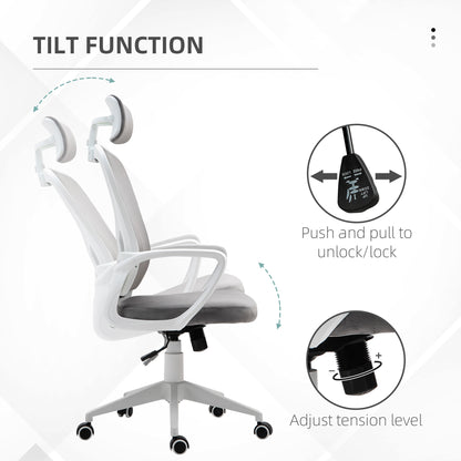 Ergonomic Office Chair High-Back Velvet Style Fabric Computer Home Rocking With Wheels, Rotatable Liftable Headrest, Grey