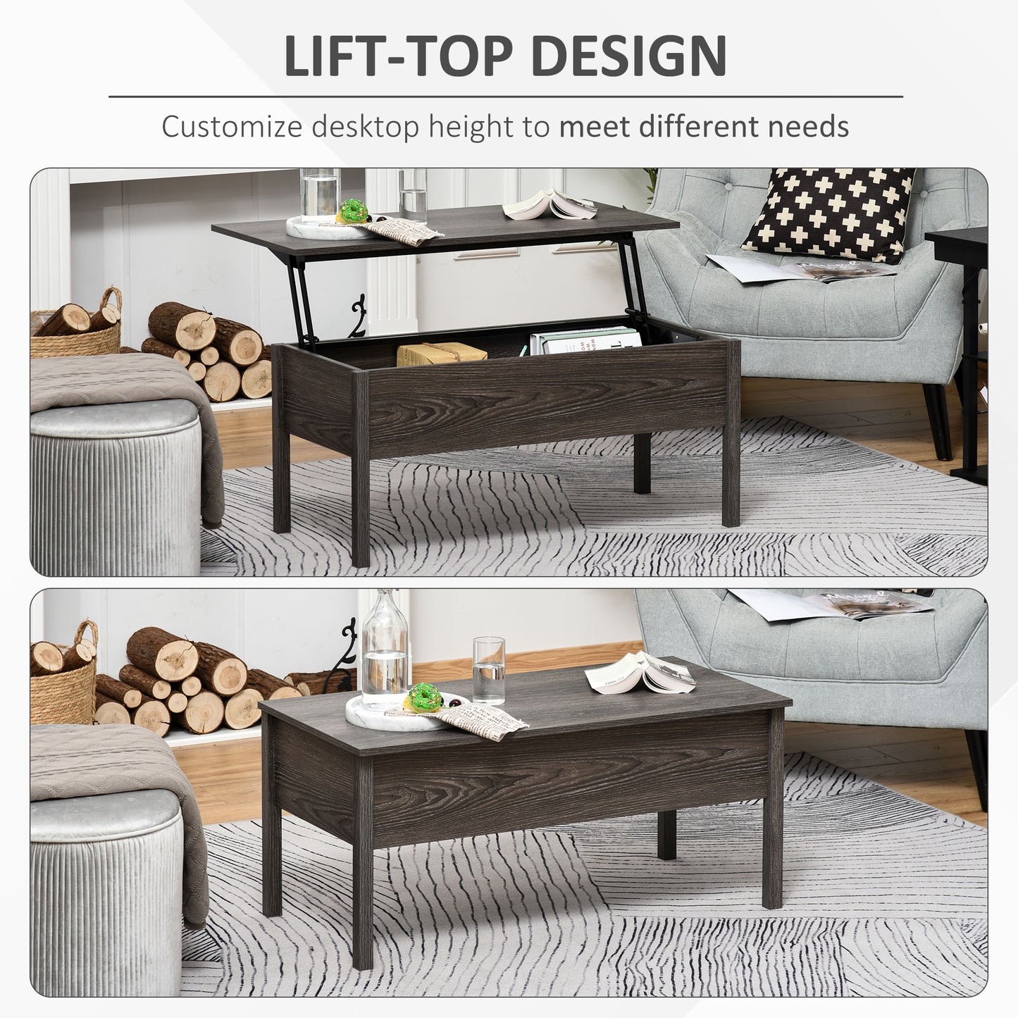 98cm Modern Lift Top Coffee Table Convertible Tea Desk with Hidden Storage Compartment Floating Retractable Lift Top Table Grey