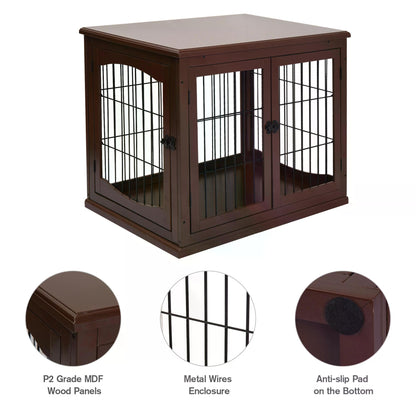 Small Dog Wooden Crate, 66cm Indoor w/ Metal Wire 3 Doors Latches Base Brown