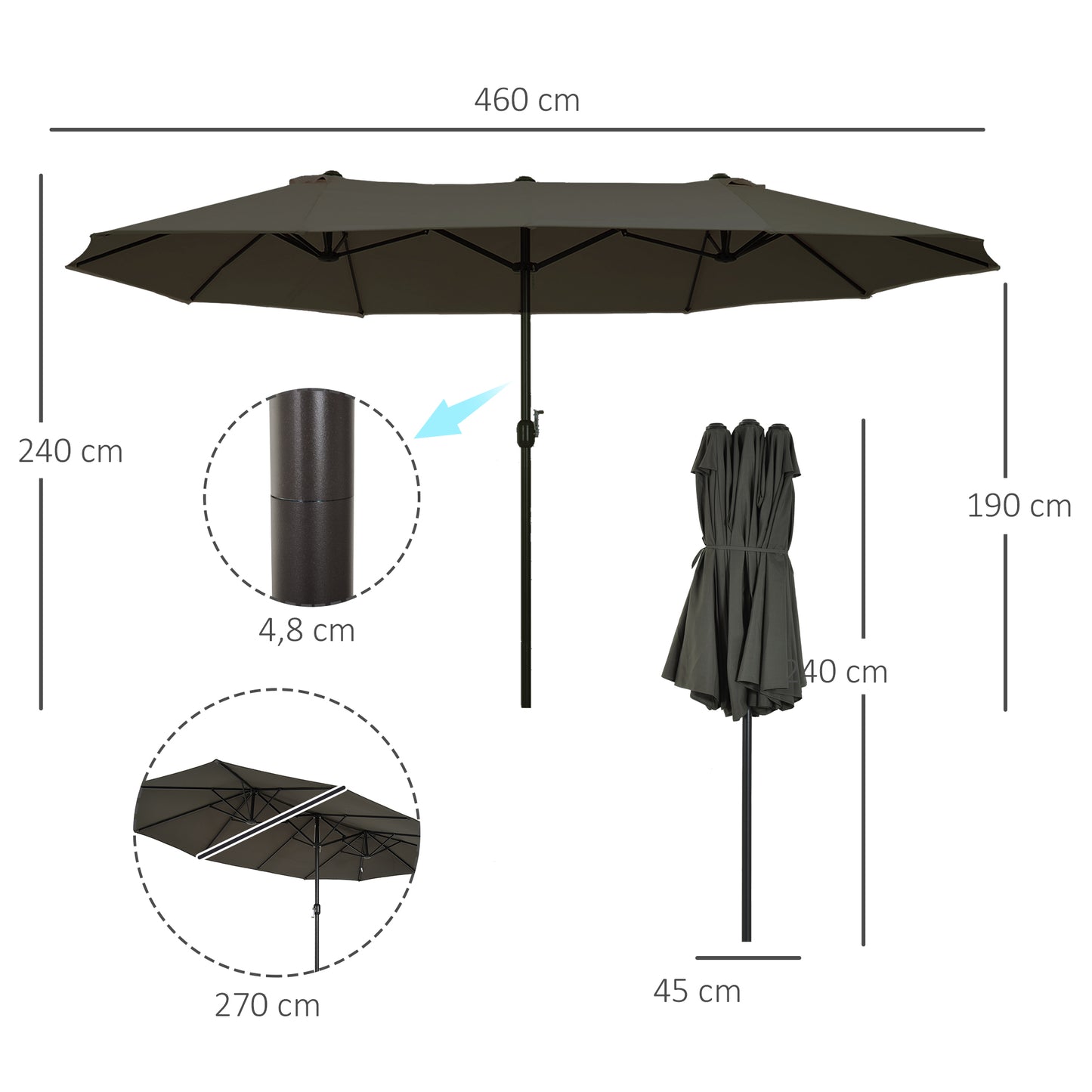 4.6m Double-Sided Patio Parasol Sun Umbrella-Grey